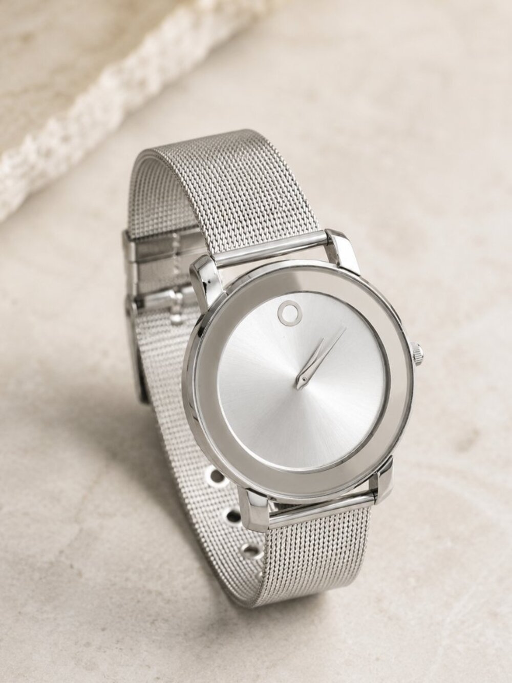Silver Minimalist Watch Mesh Band Modern Elegant Wristwatch